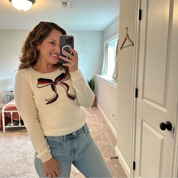 Tuckernuck Never a Wallflower Cream Sequin Bow Cashmere Sweater Small - Picture 5 of 14